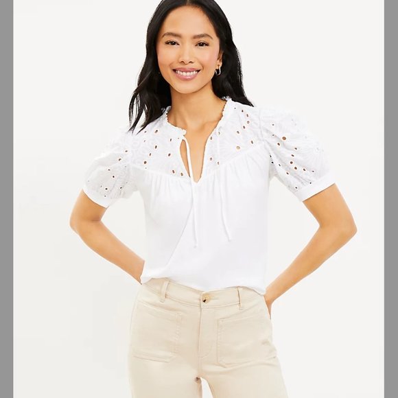 LOFT Tops - NWT LOFT Eyelet Tie Neck Puff Sleeve Mixed Media Top